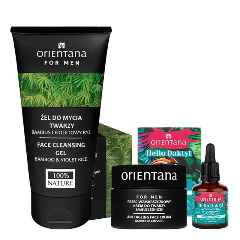 Orientana Complete Anti-Age Routine For Men ZESTAW Przeciwzmarszczkowy krem do twarzy dla mężczyzn - bambus i żeń szeń 50 g + Żel do mycia twarzy - bambus i fioletowy ryż 150 ml + Akty
