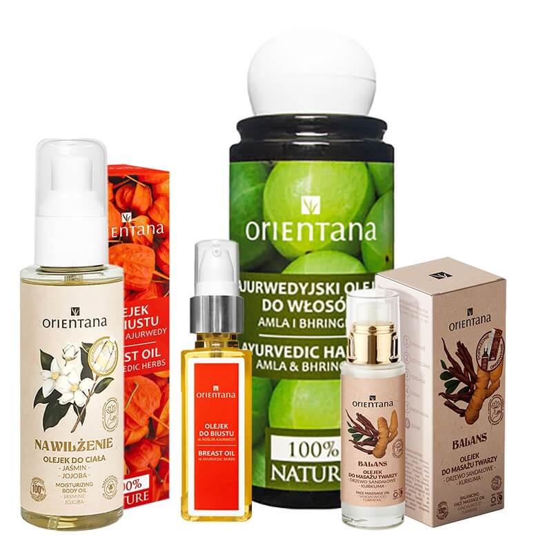 Orientana Oil Care ZESTAW Bio olejek do biustu 50 ml + Naturalny olejek do ciała 100 ml + Ajurwedyjski olejek do włosów 105 ml + Olejek do masażu twarzy 30 ml