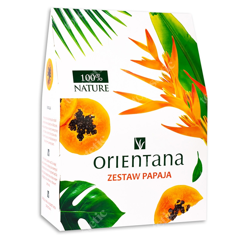 Orientana Papaja ZESTAW Bio maska-esencja papaja i kurkuma 50 ml + Żel do mycia twarzy z drobinkami ryżu - Aloes i Papaja 150 ml + Maska pod oczy 2 szt