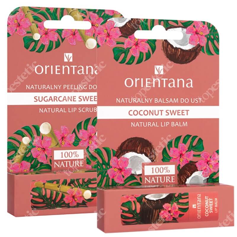 Orientana Sweet Box ZESTAW Naturalny peeling do ust słodka trzcina 4,2 g + Naturalny balsam do ust słodki kokos 4,2 g