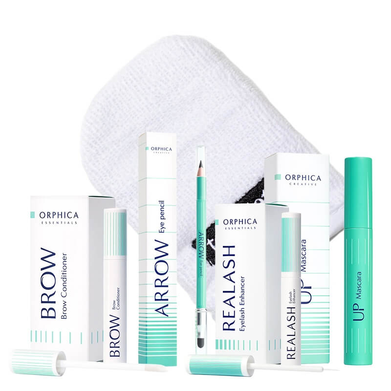 Orphica Beauty Eye Kit ZESTAW Kredka do oczu kolor czarny 1 szt + Tusz do rzęs 7,5 ml + Odżywka do rzęs 3 ml + Odżywka do brwi 4 ml + Rękawiczka do demakijażu 1 szt