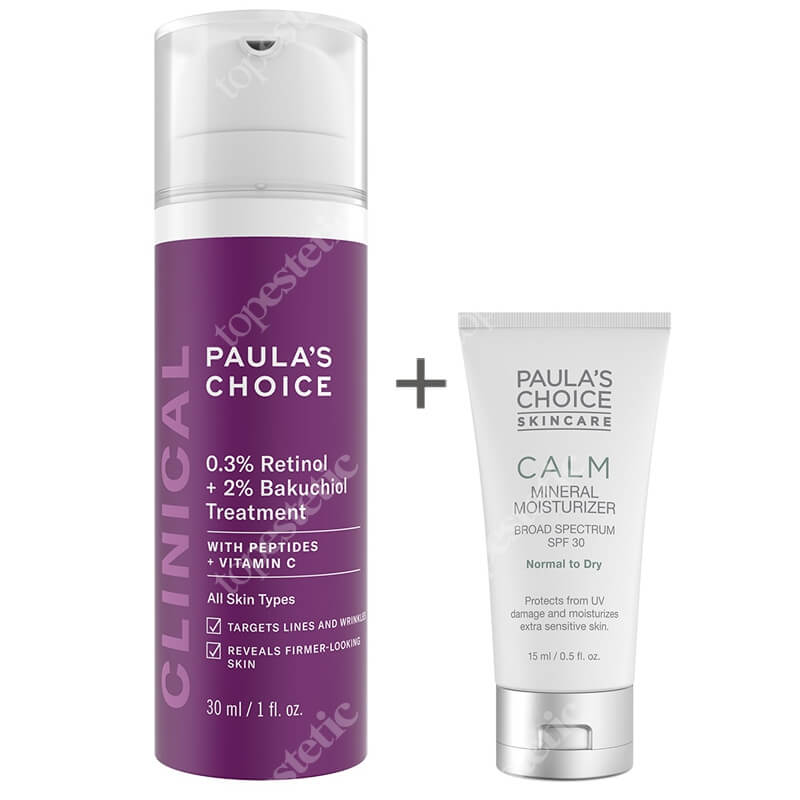 Paulas Choice 0.3% Retinol + 2% Bakuchiol Treatment + Calm Mineral Moisturizer SPF 30 ZESTAW Krem z retinolem o potrójnym działaniu przeciwzmarszkowym 30 ml + Krem nawilżający do skóry normalnej i suchej 15 ml