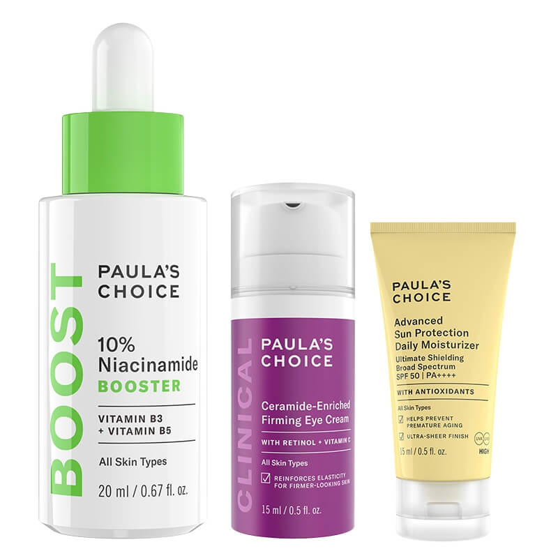 Paulas Choice Advanced Sun Protection Daily Moisturizer SPF 50 + Clinical Ceramide Enriched Firming Eye Cream + Resist 10% Niacinamide Booster ZESTAW Zaawansowany krem nawilżający na dzień 15 ml + Krem z ceramidami pod oczy 15 ml + Serum z witaminą B3, 20 ml