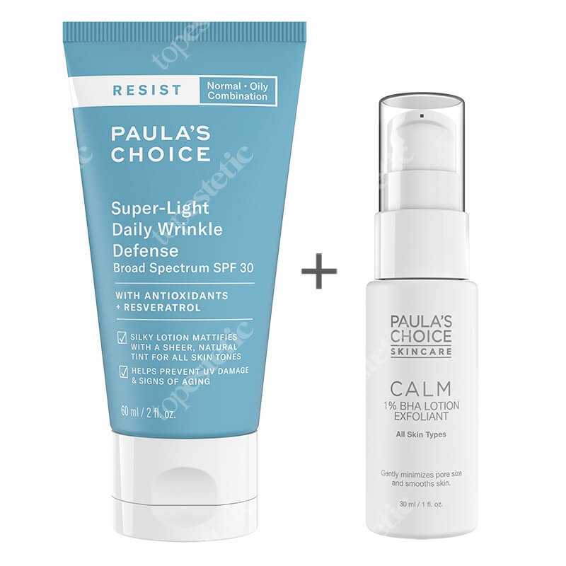 Paulas Choice Calm 1% BHA Lotion Exfoliant + Resist Super Light Daily Wrinkle SPF 30 ZESTAW Balsam złuszczający do skóry wrażliwej 30 ml + Lekki krem nawilżający z filtrem dla skóry tłustej i mieszanej 60 ml