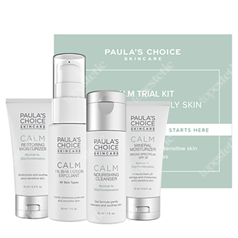 Paulas Choice Calm Travel kit - Oily Skin ZESTAW Płyn oczyszczający 30 ml + Balsam złuszczający 30 ml + Krem nawilżający 15 ml + Krem nawilżający 15 ml