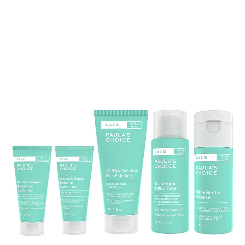 Paulas Choice Calm Travel Set ZESTAW Krem nawilżający 15 ml + Żel myjący 30 ml + Preparat złuszczający do skóry wrażliwej 30 ml + Tonik 30 ml + Krem na noc 15 ml