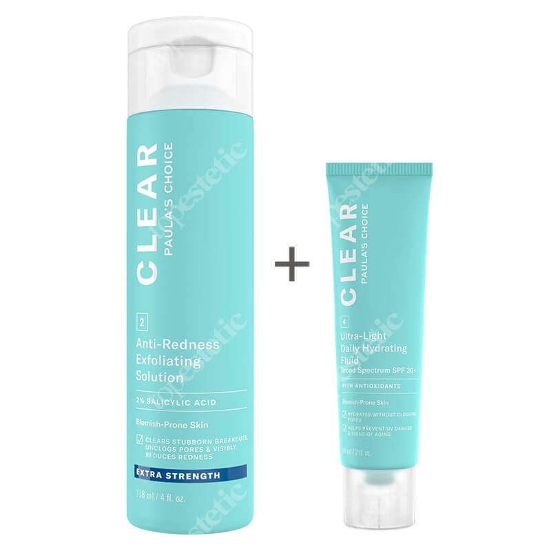 Paulas Choice Clear Anti Redness Exfoliating Solution Extra Strenght + Clear Ultra Light Daily Hydrating Fluid SPF 30 ZESTAW Kuracja złuszczająca do skóry trądzikowej 2% BHA 118 ml + Krem nawilżający do skóry tłustej i trądzikowej 60 ml