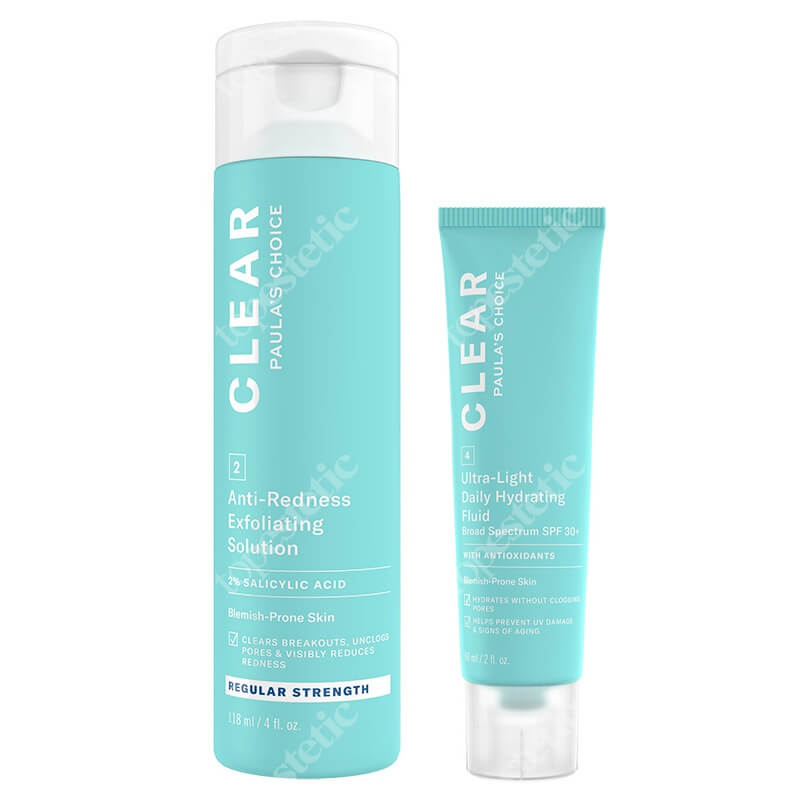 Paulas Choice Clear Anti Redness Exfoliating Solution Regular Strenght + Clear Ultra Light Daily Hydrating Fluid SPF 30 ZESTAW Kuracja złuszczająca do skóry trądzikowej 2% BHA 118 ml + Krem nawilżający do skóry tłustej i trądzikowej 60 ml