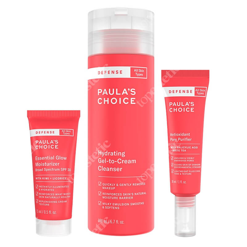 Paulas Choice Defense Care ZESTAW Jedwabisty żel oczyszczający 198 ml + Preparat oczyszczający pory z kwasem salicylowym 30 ml + Krem dodający blasku SPF 30 15 ml