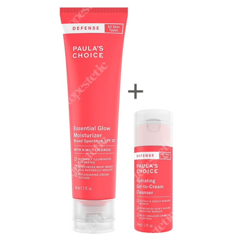 Paulas Choice Defense Hydrating Gel to Cream Cleanser + Defense Essential Glow Moisturizer SPF 30 ZESTAW Jedwabisty żel oczyszczający dla skóry zmęczonej 30 ml + Krem dodający blasku z ochroną SPF 30 60 ml