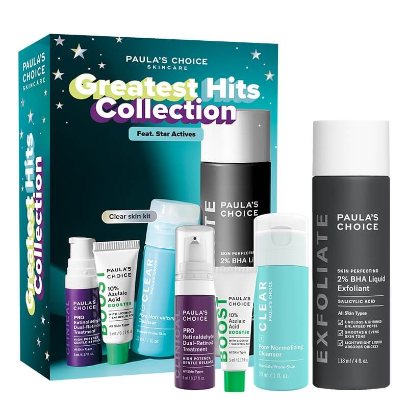 Paulas Choice Greatest Hits Colletions ZESTAW Płyn złuszczający z 2% kwasem salicylowym 118 ml + Żel oczyszczający do twarzy 30 ml + Serum wygładzające 5 ml + Kliniczna kuracja 5 ml