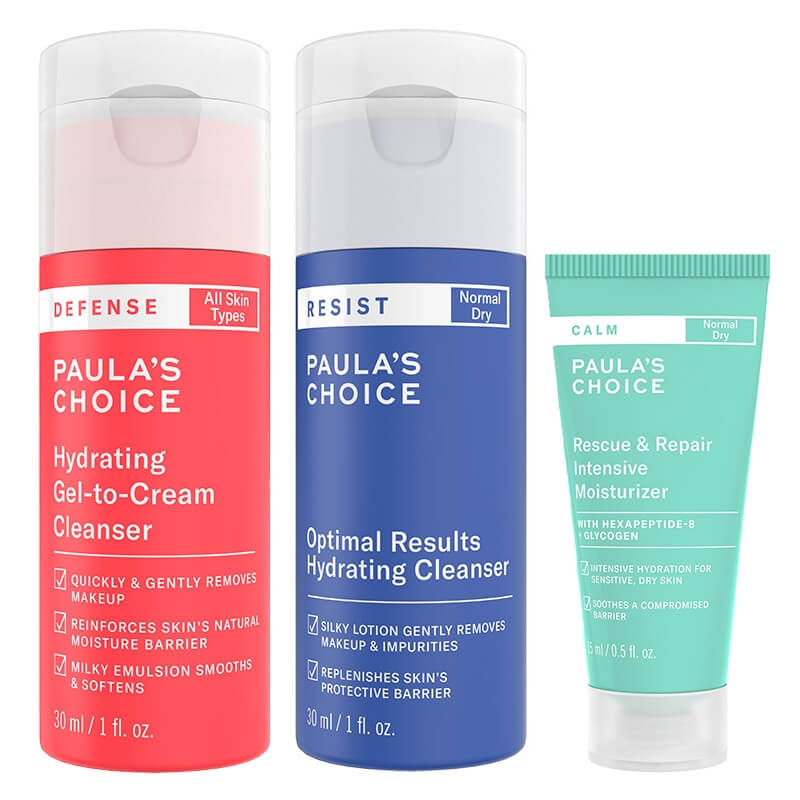 Paulas Choice Hydrating Gel and Night Moisturizer Travel ZESTAW Jedwabisty żel oczyszczający 30 ml + Krem nawilżający na noc 15 ml + Lotion oczyszczający 30 ml