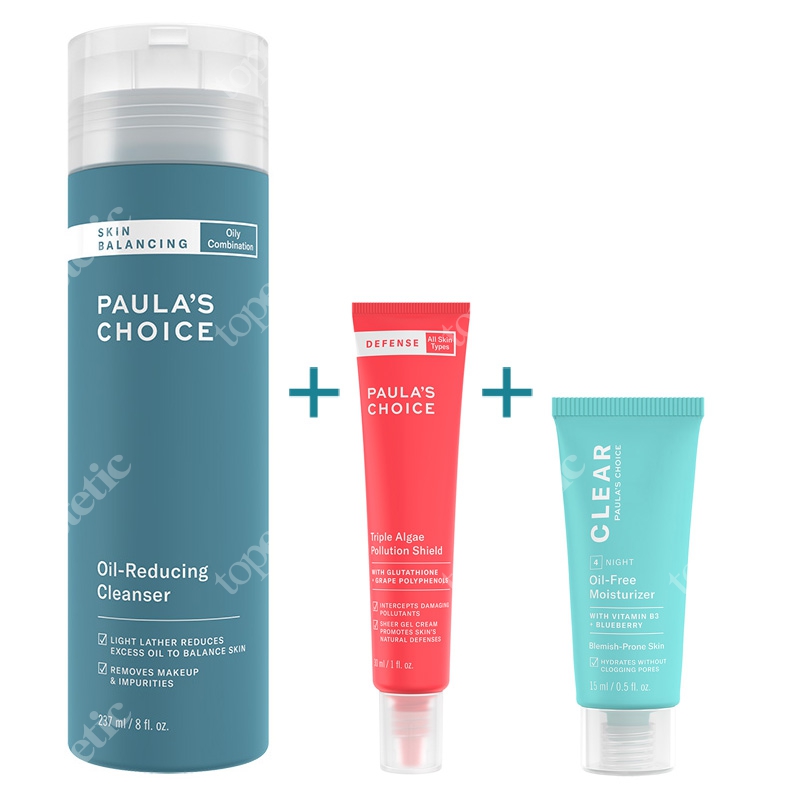 Paulas Choice Ochrona Przeciw Zanieczyszczeniom ZESTAW Płyn oczyszczający 237 ml + Ochrona przeciw zanieczyszczeniom 30 ml + Beztłuszczowy krem nawil. 15 ml