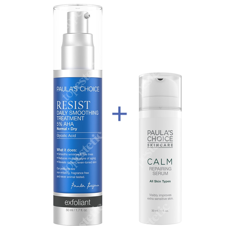 Paulas Choice Resist Daily Smoothing Treatment With 5 % + Calm Repairing Serum ZESTAW Kuracja wygładzająca do skóry dojrzałej 50 ml + Serum łagodzące 30 ml