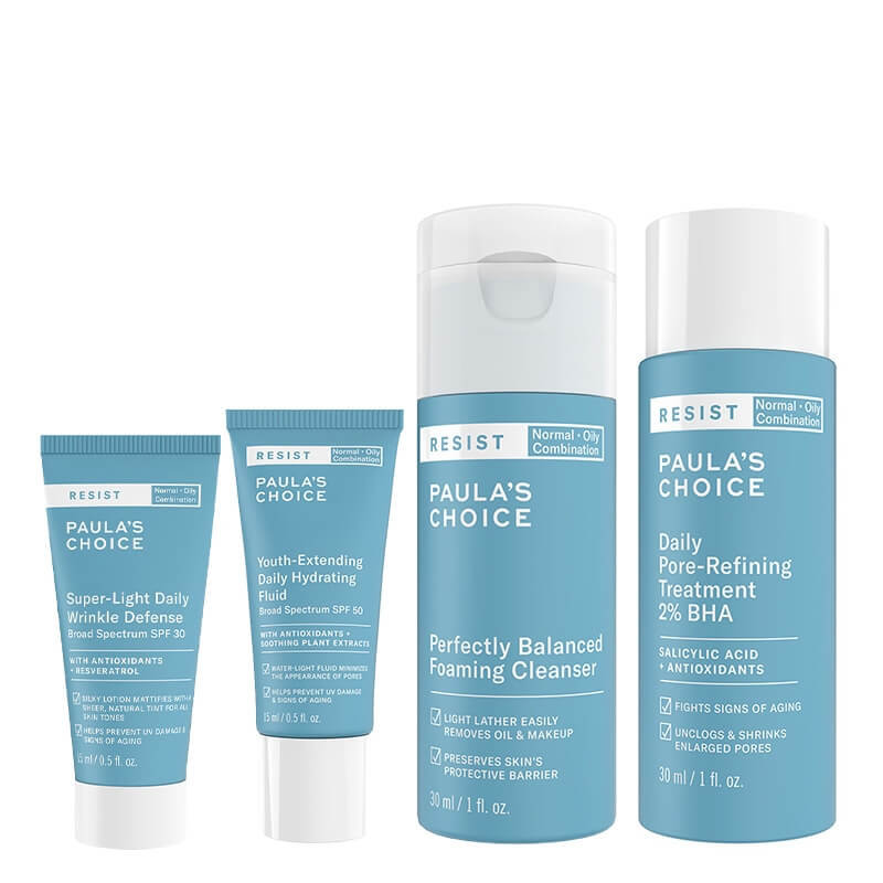 Paulas Choice Resist Travel Set ZESTAW Fluid nawilżający 15 ml + Lekki krem 15 ml + Pianka oczyszczająca - normalizująca 30 ml + Kuracja normalizująca 30 ml