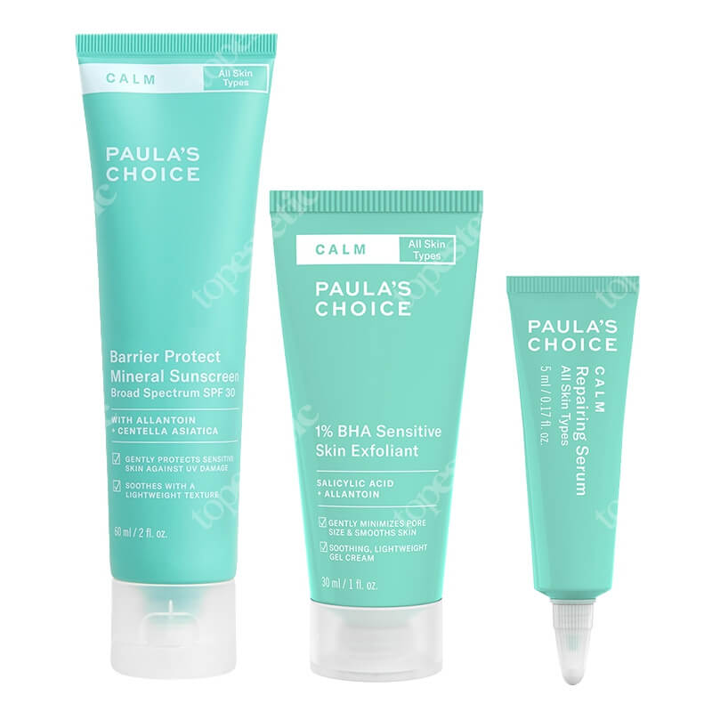 Paulas Choice Skin Exfoliant, Serum with Ceramides, Protect Mineral Sunscreen SPF ZESTAW Preparat złuszczający do skóry wrażliwej 30 ml + Serum naprawcze z ceramidami i beta glukanem 5 ml + Delikatna, mineralna ochrona przeci