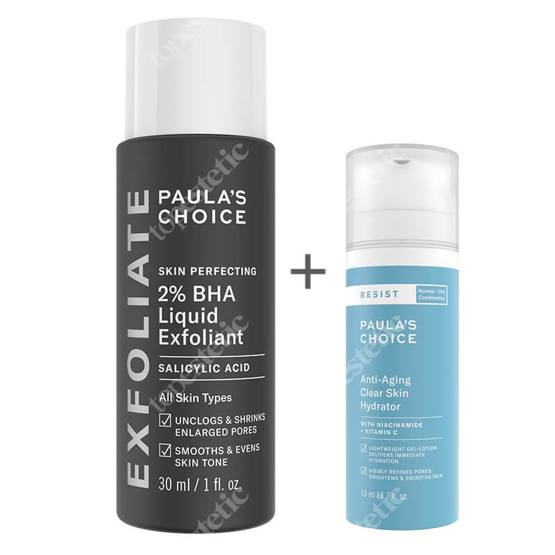 Paulas Choice Skin Perfecting 2% BHA Liquid + Resist Anti Aging Clear Skin Hydrator ZESTAW Płyn złuszczający z 2% kwasem salicylowym 30 ml + Krem nawilżający na noc do skóry tłustej i mieszanej 10 ml