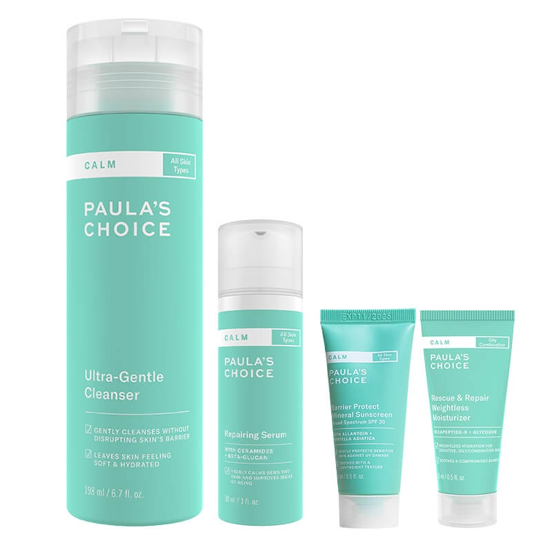 Paulas Choice Total Calm Set ZESTAW Żel myjący 198 ml + Krem nawilżający na noc 15 ml + Delikatna ochrona przeciwsłoneczna SPF 30 15 ml + Serum naprawcze 30 ml