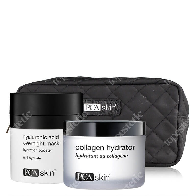 PCA Skin Hyaluronic Acid Overnight Mask + Collagen Hydrator ZESTAW Intensywnie odmładzająca i nawilżająca maska do stosowania na noc 51 g + Krem nawilżający 48,2 g + Kosmetyczka 1 szt