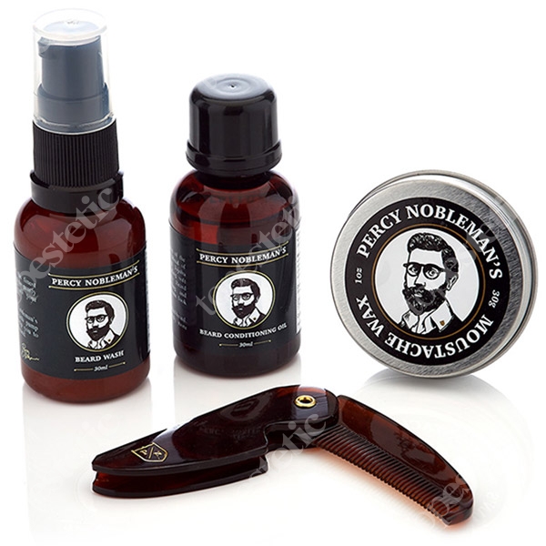 Percy Nobleman Grooming Kit ZESTAW Beard Wash, Beard Conditioning Oil, Moustache Wax, Grzebień