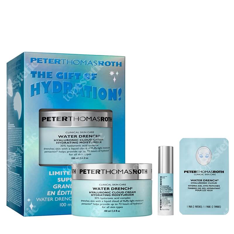 Peter Thomas Roth Hello Hydration ZESTAW Hydrożelowe płatki pod oczy 2 szt + Nawilżająco - rozświetlające serum do twarzy 15 ml + Krem nawilżający z kwasem hialuronowym 100 ml
