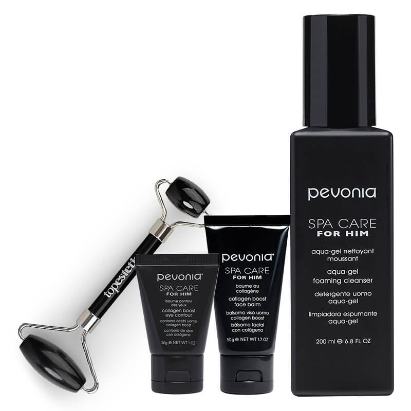 Pevonia Exclusive Collagen Men's Care ZESTAW Krem kolagenowy wygładzający kontur oka 30 ml + Żel do mycia twarzy 200 ml + Balsam kolagenowy do twarzy 50 ml + roller 1 szt