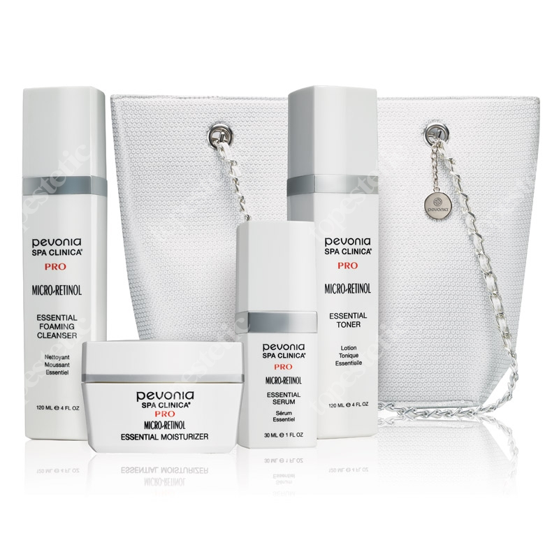 Pevonia Micro-Retinol Skin Perfection Collection Zestaw mleczko 120 ml, tonik 120 ml, krem 50 ml, serum 30 ml, torba z cekinami