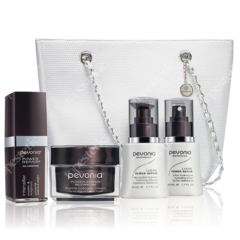 Pevonia Power Repair Collagen Infusion Set ZESTAW Mleczko 50 ml + Tonik 50 ml + Krem 50 ml + Wzmacniacz z elastyną i sorgo 30 ml + Torebka z cekinami