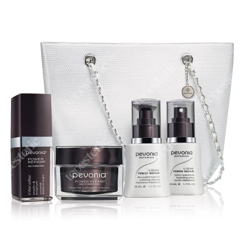 Pevonia Power Repair Holiday Collagen Infusion Collection Zestaw wzmacniacz 30 ml, krem 50 ml, mleczko 50 ml, tonik 50 ml, torebka z cekinami