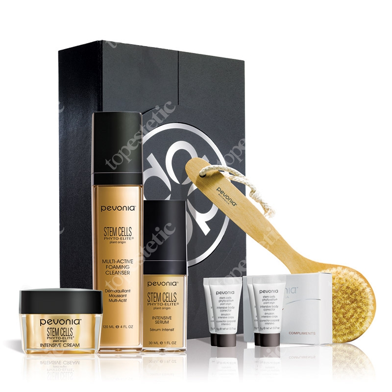 Pevonia Stem Cells Phyto-Elite Face Set ZESTAW Zmywacz 120 ml + Serum 30 ml + Krem 30 ml + Próbki + Szczotka do ciała + Ekskluzywne pudełko