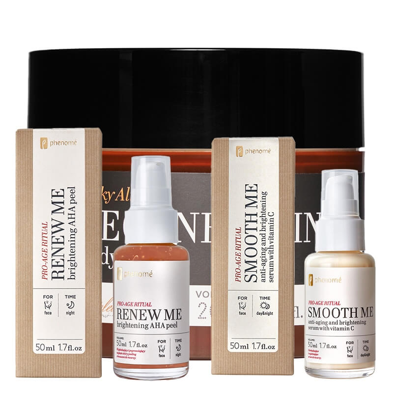 Phenome Brightening Skin Set ZESTAW Peeling odmładzający 50 ml + Serum do twarzy z witaminą C 50 ml + Regenerujące masło do ciała 200 ml GRATIS
