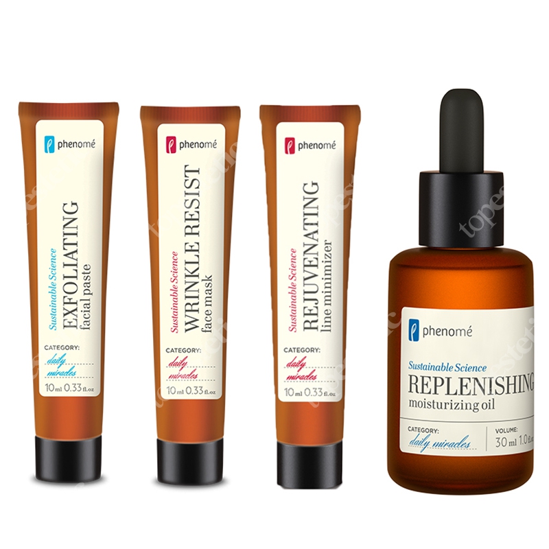 Phenome Luksusowy 2019 ZESTAW Maska do twarzy 10 ml + Peeling do twarzy 10 ml + Przeciwzmarszczkowy krem 10 ml + Olejek do twarzy 30 ml