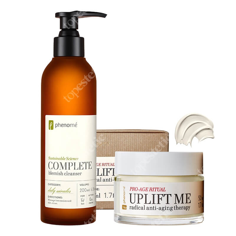 Phenome Uplift Me + Complete Blemish Cleanser ZESTAW Liftingujący i kojący krem do twarzy na noc i na dzień 50 ml + Regulujący żel do mycia skóry tłustej i mieszanej 200 ml