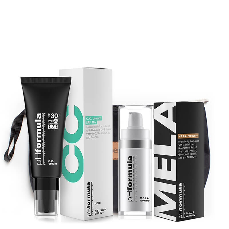 pHformula MELA Recovery + C.C. Cream SPF 30+ Light ZESTAW Koncentrat na przebarwienia na noc 30 ml + Krem barwiony SPF 30+ 50 ml + Kosmetyczka 1 szt