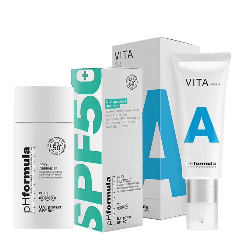 pHformula PRO DEFENCE U.V Protect SPF 50+ + VITA A Cream 24h ZESTAW Krem bez pigmentu SPF 50 50 ml + 24-godzinny krem z 1.5% kompleksem retinolu 50 ml