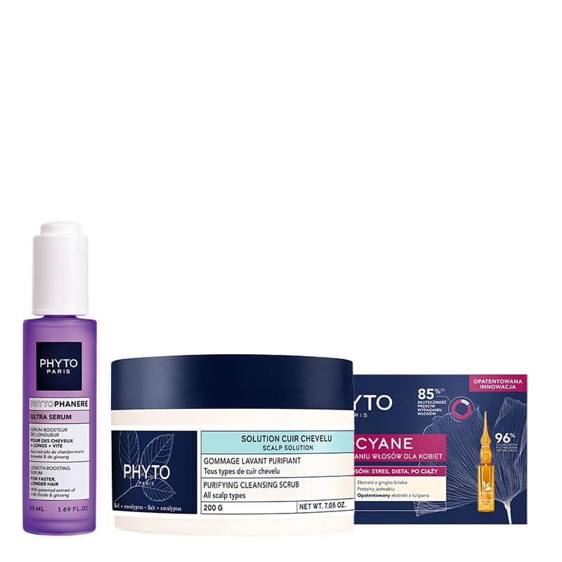 Phyto Anti Hair Loss ZESTAW Peeling myjący 200 g + Serum stymulujące wzrost włosów 50 ml + Kuracja przeciw okresowemu wypadaniu włosów 12x 5ml