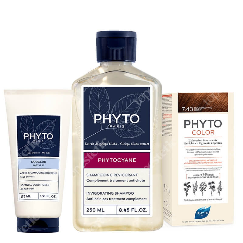 Phyto Color And Revitalizing Hair Set ZESTAW Farba do włosów - miedziany złoty (kolor 7.43 Blond Cuivre Dore) 1 szt + Rewitalizujący szampon dla kobiet 250 ml + Odżywka do włosów
