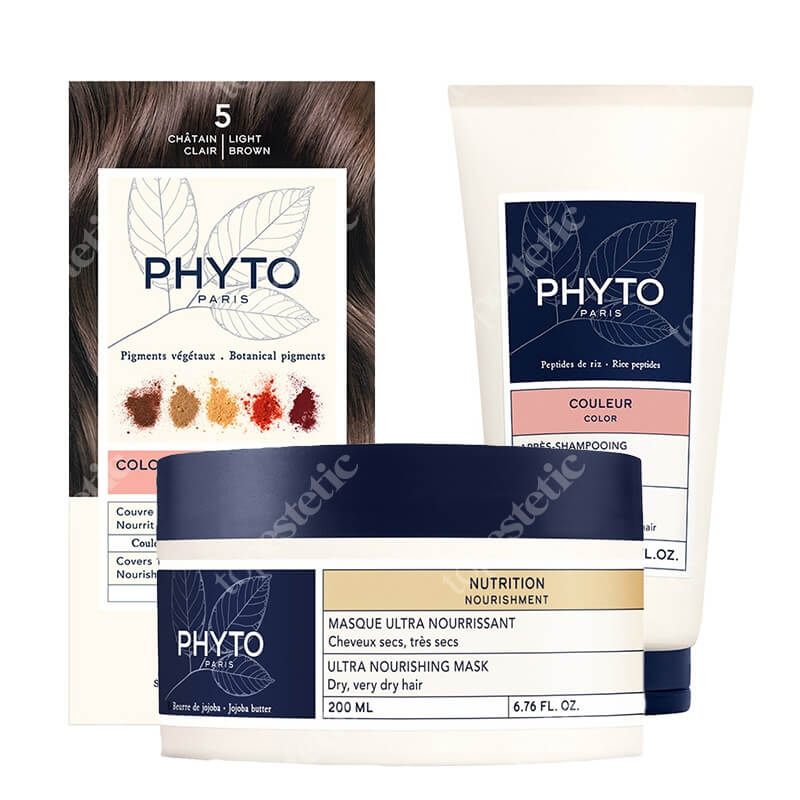 Phyto Color And Shine Hair ZESTAW Farba do włosów - jasny kasztan (5 Chatain Clair) 50+50+12 + Regenerująca maska 200 ml + Odżywka wzmacniająca blask 175 ml