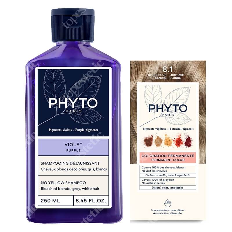 Phyto Perfect Blonde ZESTAW Farba do włosów - jasny popielaty blond (8.1 Blond Clair Cendre) 50+50+12 + Szampon neutralizujący żółte odcienie 250 ml