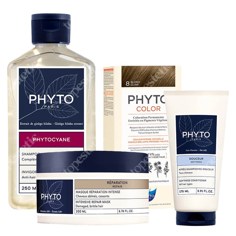 Phyto Phyto Set ZESTAW Farba do włosów - jasny blond (8 Blond Clair) 50+50+12 + Szampon 250 ml + Odżywka 175 ml + Maska 200 ml