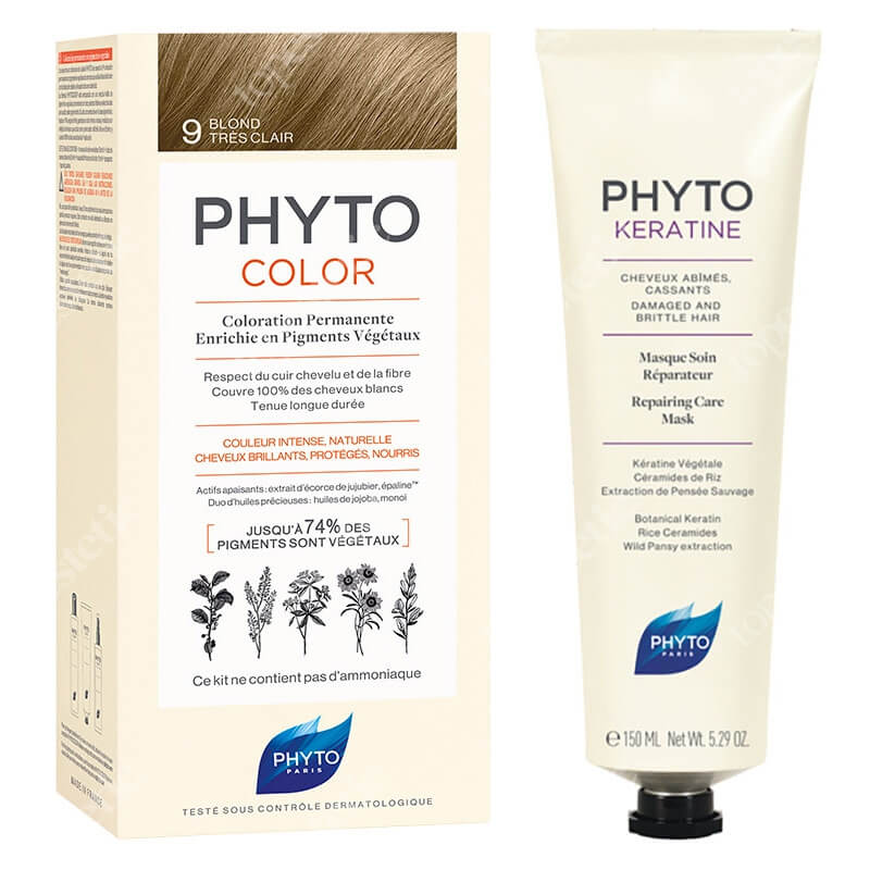 Phyto PhytoColor 9 + Phytokeratine Mask ZESTAW Farba do włosów - bardzo jasny blond 50+50+12 + Maska odbudowująca 150 ml