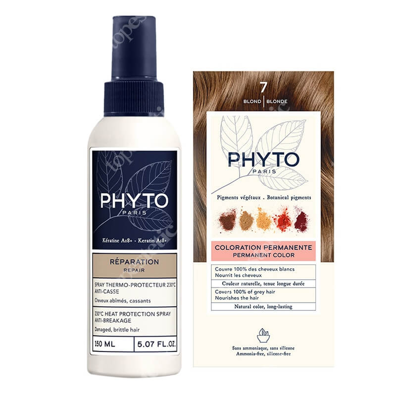 Phyto PhytoColor + Heat Protection Spray ZESTAW Farba do włosów - blond (7 Blond) 50+50+12 + Spray termoochronny 150 ml