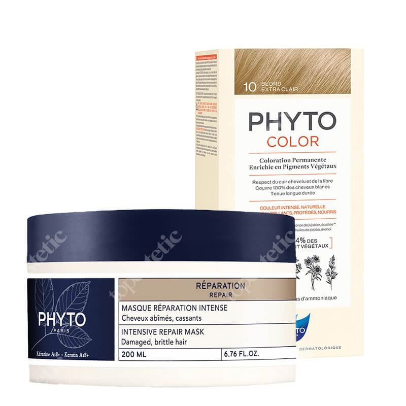 Phyto PhytoColor + Intensive Repair Mask ZESTAW Farba do włosów - ekstra jasny blond (10 Blond Extra Clair) 50+50+12 + Odbudowująca maska do włosów 200 ml