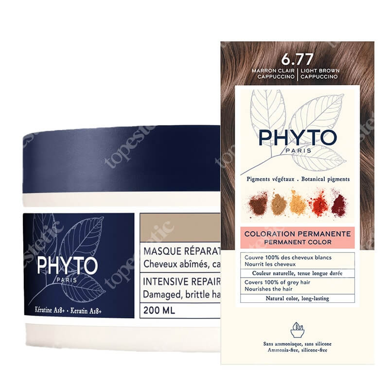 Phyto PhytoColor + Intensive Repair Mask ZESTAW Farba do włosów - jasne brązowe capuccino (6.77 Marron Clair Cappuccino) 50+50+12 + Odbudowująca maska do włosów 200 ml