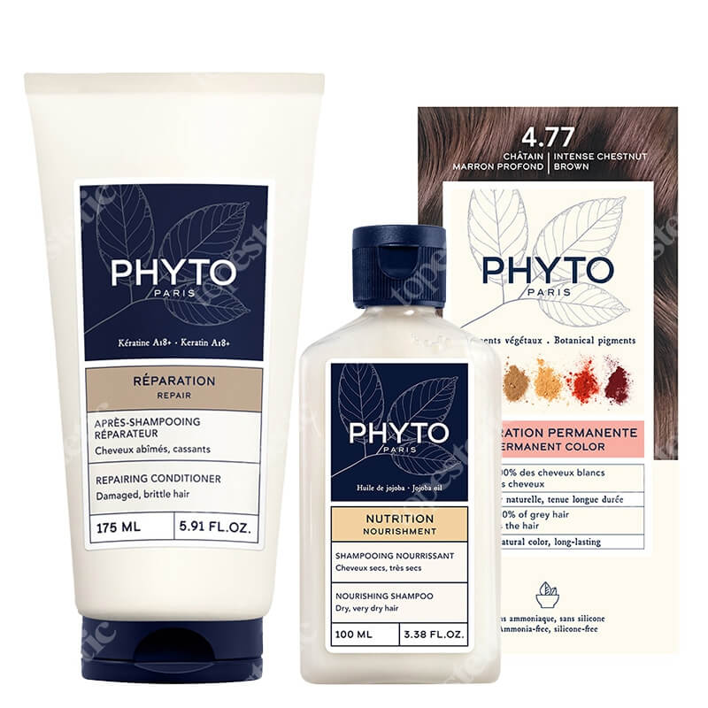 Phyto PhytoColor + Nourishing + Repairing ZESTAW Farba do włosów - kasztanowy brąz (4.77 Chatain Marron Profond) 50+50+12 + Szampon 100 ml + Odżywka 175 ml