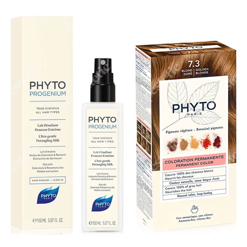 Phyto PhytoColor + Phytoprogenium Ultra-Gentle Detangling Milk ZESTAW Farba do włosów - złoty blond (7.3 Blond Dore) 50+50+12 + Ultra-delikatne mleczko ułatwiające rozczesywanie 150 ml