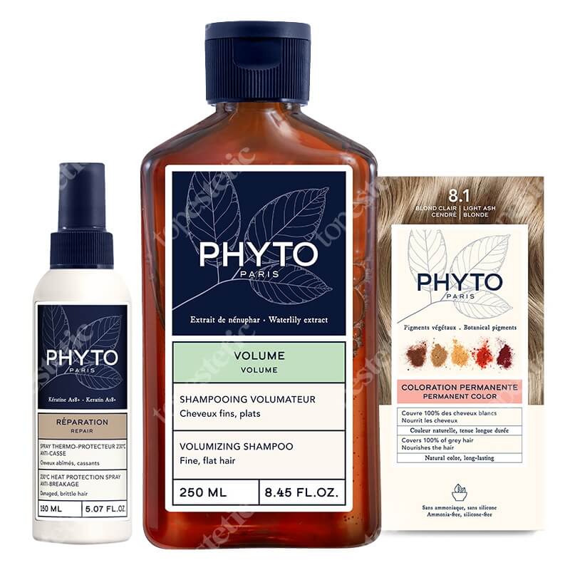 Phyto PhytoColor + Phytovolume + Heat Protection ZESTAW Farba do włosów (8.1 Blond Clair Cendre) 50+50+12 + Szampon 250 ml + Spray 250 ml
