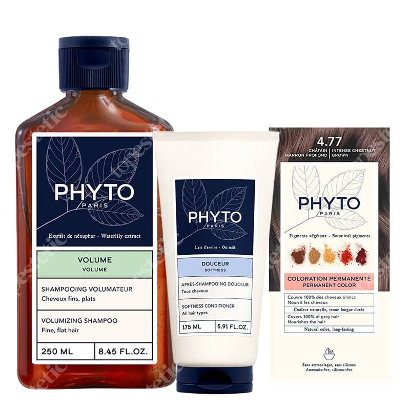 Phyto PhytoColor + Phytovolume + Softness ZESTAW Farba do włosów - kasztanowy brąz (4.77 Chatain Marron Profond) 50+50+12 + Szampon 250 ml + Odżywka 175 ml