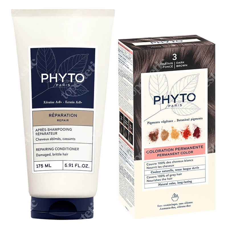 Phyto PhytoColor + Repairing Conditioner ZESTAW Farba do włosów - ciemny kasztan (3 Chatain Fonce) 50+50+12 + Odbudowująca odżywka do włosów 175 ml