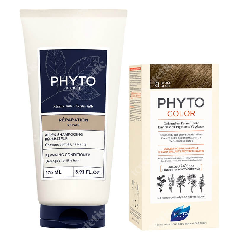 Phyto PhytoColor + Repairing Conditioner ZESTAW Farba do włosów - jasny blond (8 Blond Clair) 50+50+12 + Odbudowująca odżywka do włosów 175 ml